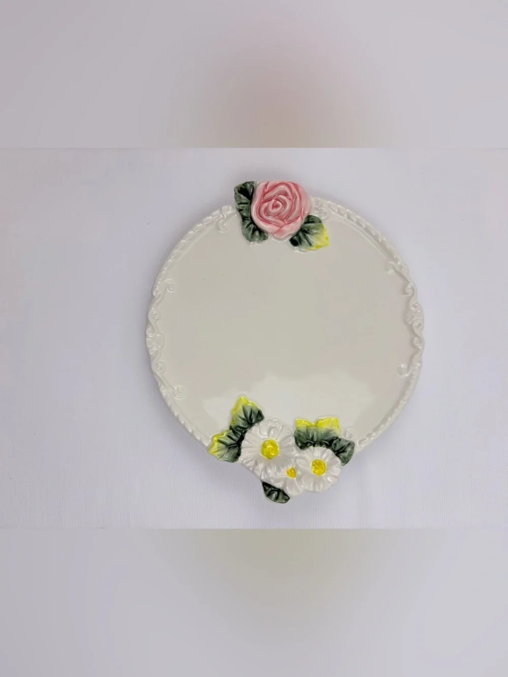White Teacup & Saucer Featuring Ceramic Base, Raised White Daisies & Pink Roses
